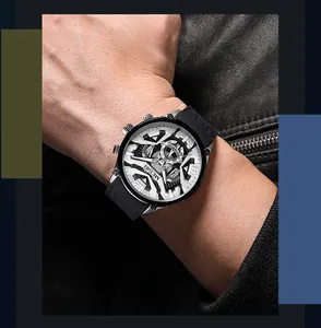 Reloj cronógrafo MEGIR para hombre con correa de silicona negra y esfera de esqueleto
