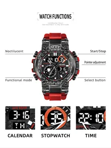 Vue détaillée des fonctions de la montre SMAEL avec double affichage et étanchéité 5BAR