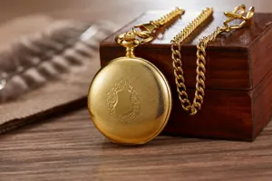 Close-up of a vintage gold mechanical pocket watch with ornate floral embossed cover