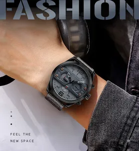 Close-up detail of MINI FOCUS men's quartz watch with multi-function gray dial