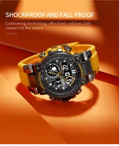 Vue détaillée d'une montre de sport tactique jaune SMAEL avec technologie résistante aux chocs