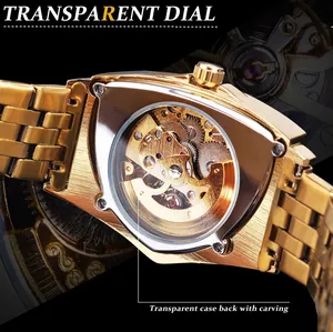 Vista detallada del movimiento de reloj automático dorado a través de la tapa transparente
