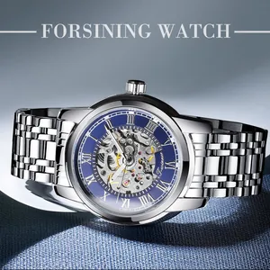 Orologio meccanico scheletrato Forsining da uomo con quadrante blu e cinturino in acciaio