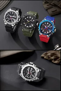 Detail of SMAEL waterproof sports watch showing metallic bezel and digital display.