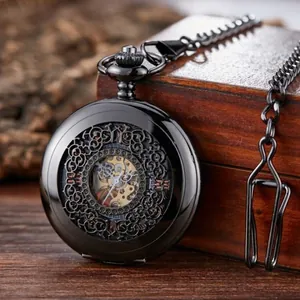 Λεπτομέρεια ενός μαύρου μηχανικού ρολογιού τσέπης με ένα περίτεχνο φλοράλ καπάκι
