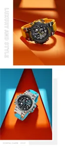 Deux montres de sport tactiques SMAEL à double affichage avec bracelets jaune et bleu.