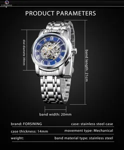 Primo piano dell'orologio meccanico Forsining con dimensioni e specifiche del prodotto