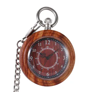Classic vintage wooden quartz pocket watch with natural grain and sturdy silver chain