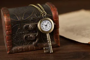 Detailansicht eines vintage quarz taschenuhr anhängers in antiker schlüsselform