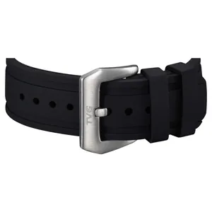 Close-up of the TVG sports watch buckle and textured black silicone strap detail