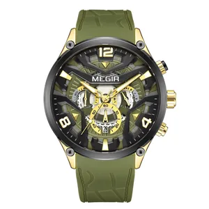 Reloj cronógrafo MEGIR para hombre con correa de silicona verde y esfera de cuarzo de 3 ojos