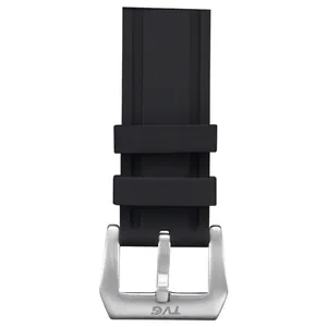 Close-up detail of TVG sports watch strap with stainless steel buckle and matte black finish.