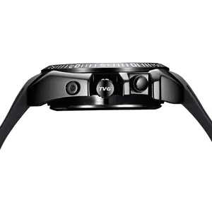 Detailed side view showing the crown and buttons of the TVG men's black sports watch