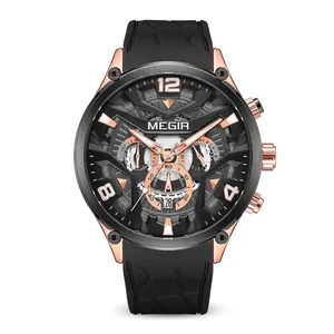 Reloj de cuarzo deportivo MEGIR para hombre con cronógrafo y correa de silicona negra
