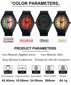 Spécifications détaillées de montre en bois pour homme avec bracelet en cuir et saphir