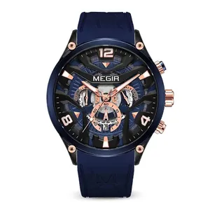 Reloj cronógrafo de cuarzo MEGIR para hombre con correa de silicona azul y detalles oro rosa