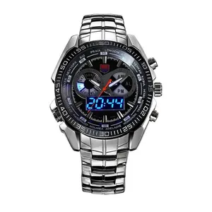 Men Sport Watch Dual Display Analog Digital LED Backlight Waterproof Stainless Steel Quartz Wristwatch With Alarm World Time Luminous Function