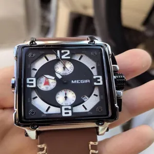 Close-up of Megir men's square quartz watch with chronograph dials and leather strap