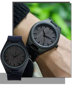 Montre décontractée pour hommes avec cadran en grain de bois noir et cuir noir