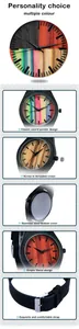 Détails de la montre en bois avec aiguilles glaive, dos en acier et bracelet cuir