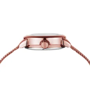 Side profile view of a rose gold lady's mechanical watch with mesh strap detail.