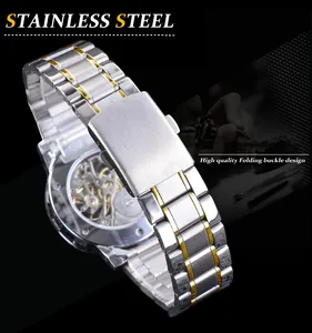 Detail view of Forsining men's watch with two-tone stainless steel band and folding buckle