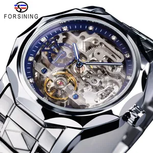 Macro detail of men's automatic skeleton mechanical watch movement with rhinestones
