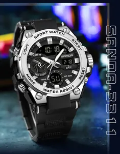Macro view of Sanda military style watch face with LED display and silver bezel