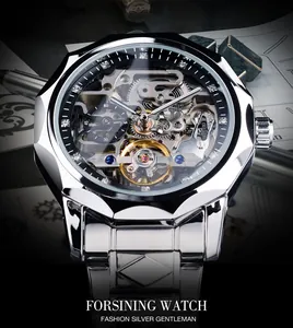 Detailed close-up of Forsining skeleton automatic mechanical watch for men in silver