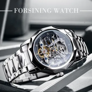 Macro view of a silver mechanical skeleton watch with faceted bezel and rhinestone hour markers