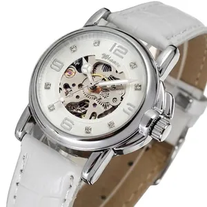 Close-up of Winner ladies automatic skeleton mechanical watch with white strap