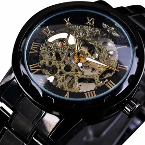 Detailed macro view of intricate gold skeleton movement on a professional black mechanical watch