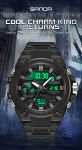 Detailed view of SANDA-3311 military electronic watch with dual display and luminous face.