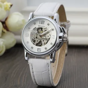 Winner Women Fashion Casual Small Skeleton Automatic Mechanical Watch White Leather Strap Silver Case Rhinestone Dial