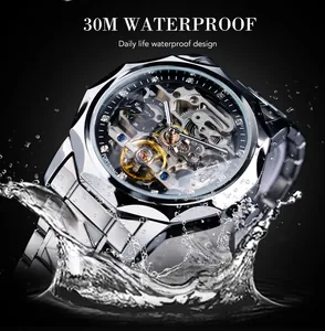 Detailed view of luxury skeleton automatic mechanical watch for men with 30M waterproof