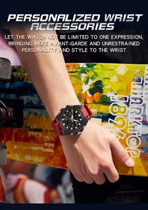 Close-up detail of SANDA military sport watch with red rubber strap and dual display