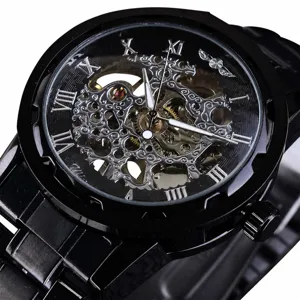 Detailed view of the skeleton dial and gears on a Winner men's mechanical watch