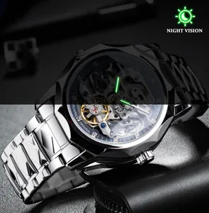 Detailed macro shot of a luxury skeleton automatic mechanical watch with luminous hands
