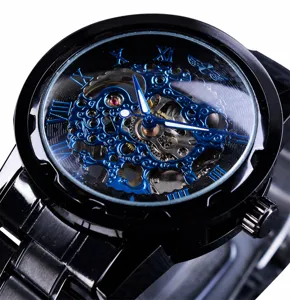 Detailed macro view of black skeleton mechanical watch movement and blue Roman numerals