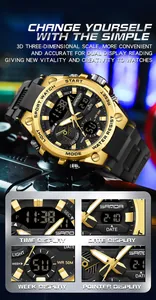 Detailed features of SANDA sports watch showing time, date, week, and analog display