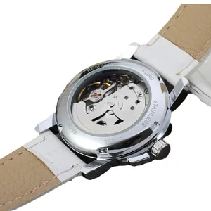 Women's automatic mechanical watch back showing movement and white leather strap