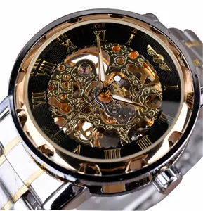 Detailed close-up view of Winner men's skeleton mechanical watch gold-toned dial