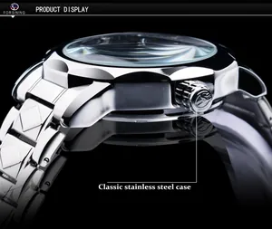 Detailed side view of polished silver stainless steel case on Forsining automatic watch