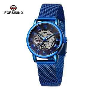 Detailed view of blue Forsining women's skeleton mechanical watch with mesh strap