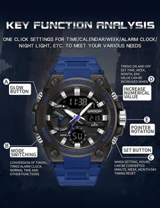 Detailed map showing functions of Sanda military style luminous waterproof watch for men