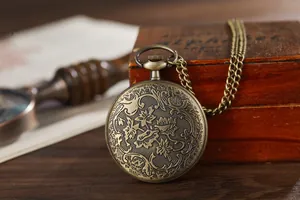 Detailed back view of a vintage bronze pocket watch with embossed floral patterns.