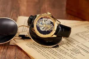 Vue détaillée d'une montre mécanique automatique dorée squelette sur des documents vintage.