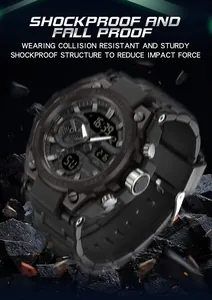 Close-up detail of a rugged black military-style digital watch featuring shockproof design.