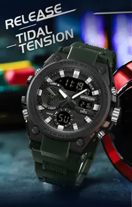 Close-up detail of SAMDA military style digital-analog waterproof watch with green strap