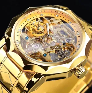 Forsining Men Automatic Mechanical Watch Hollow Skeleton Dial Rhinestone Accents Alloy Wristwatch Fashion Business Waterproof